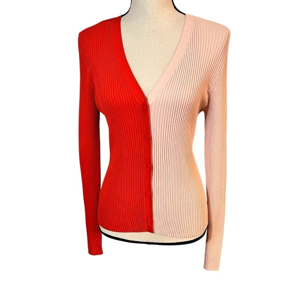 STAUD Color Block Ribbed Knit V-Neck Cargo Cardigan Sweater Sz-M